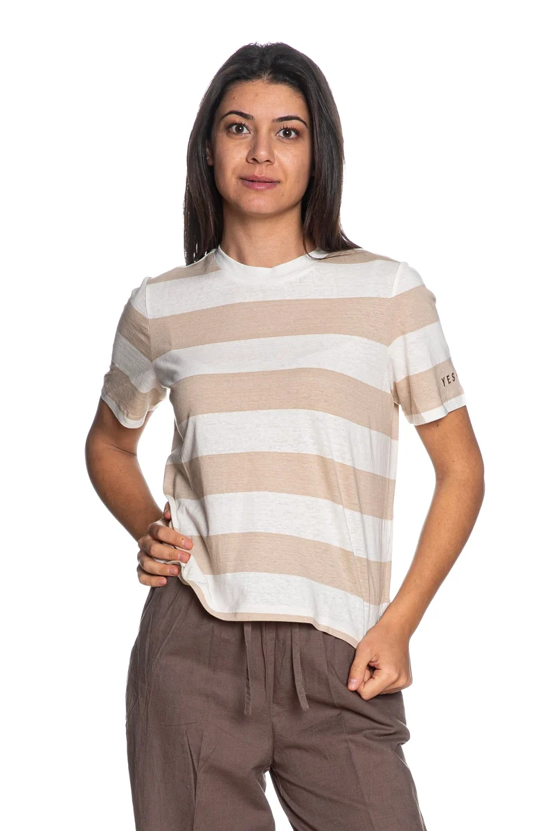 T Shirt Yes Zee Wide Stripes Da Donna Bande Larghe Latte Beige