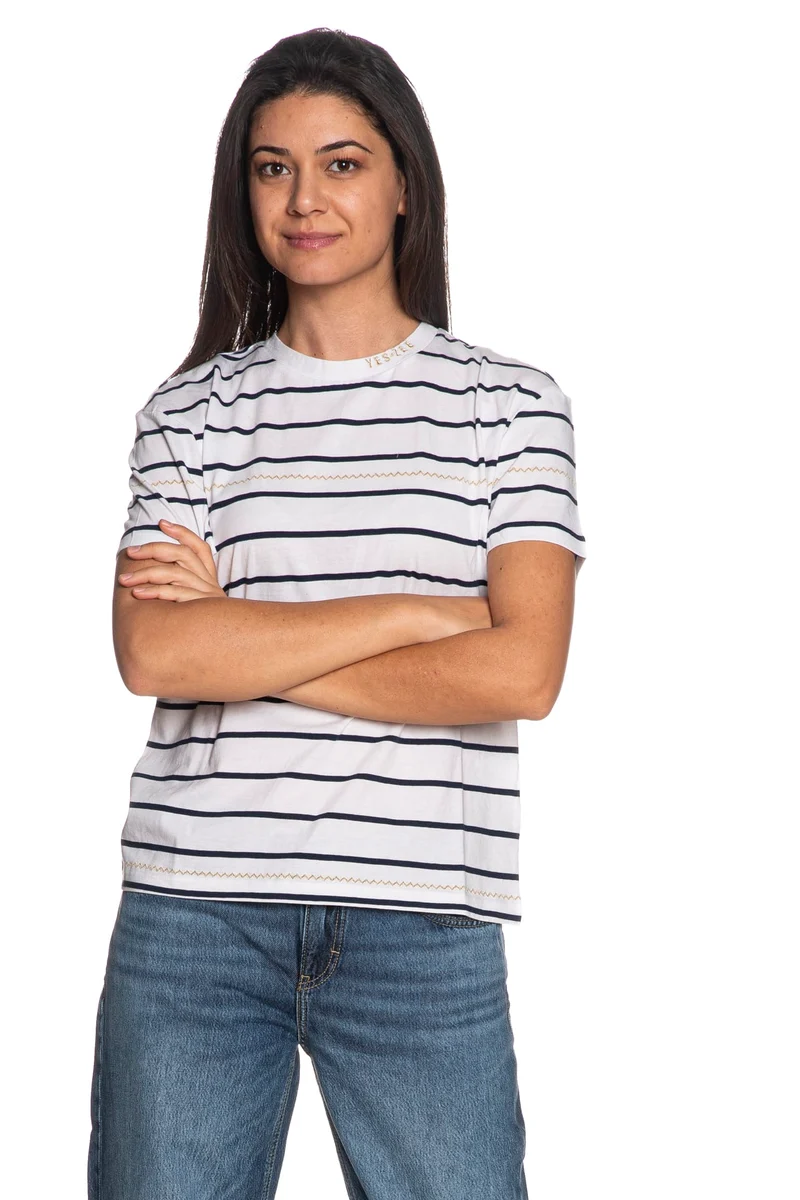 T Shirt Yes Zee Marine Da Donna Bianca Righe Blu