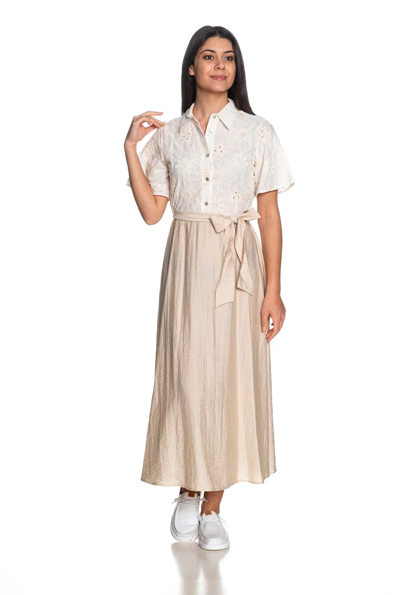 Abito Yes Zee Belted Lace Chemisier Da Donna Bianco Beige Sabbia Chiaro