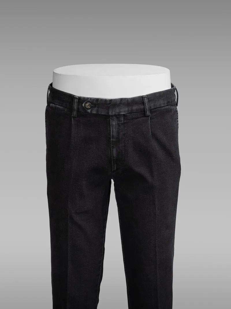 Black denim cotton sport trousers 1 pleat