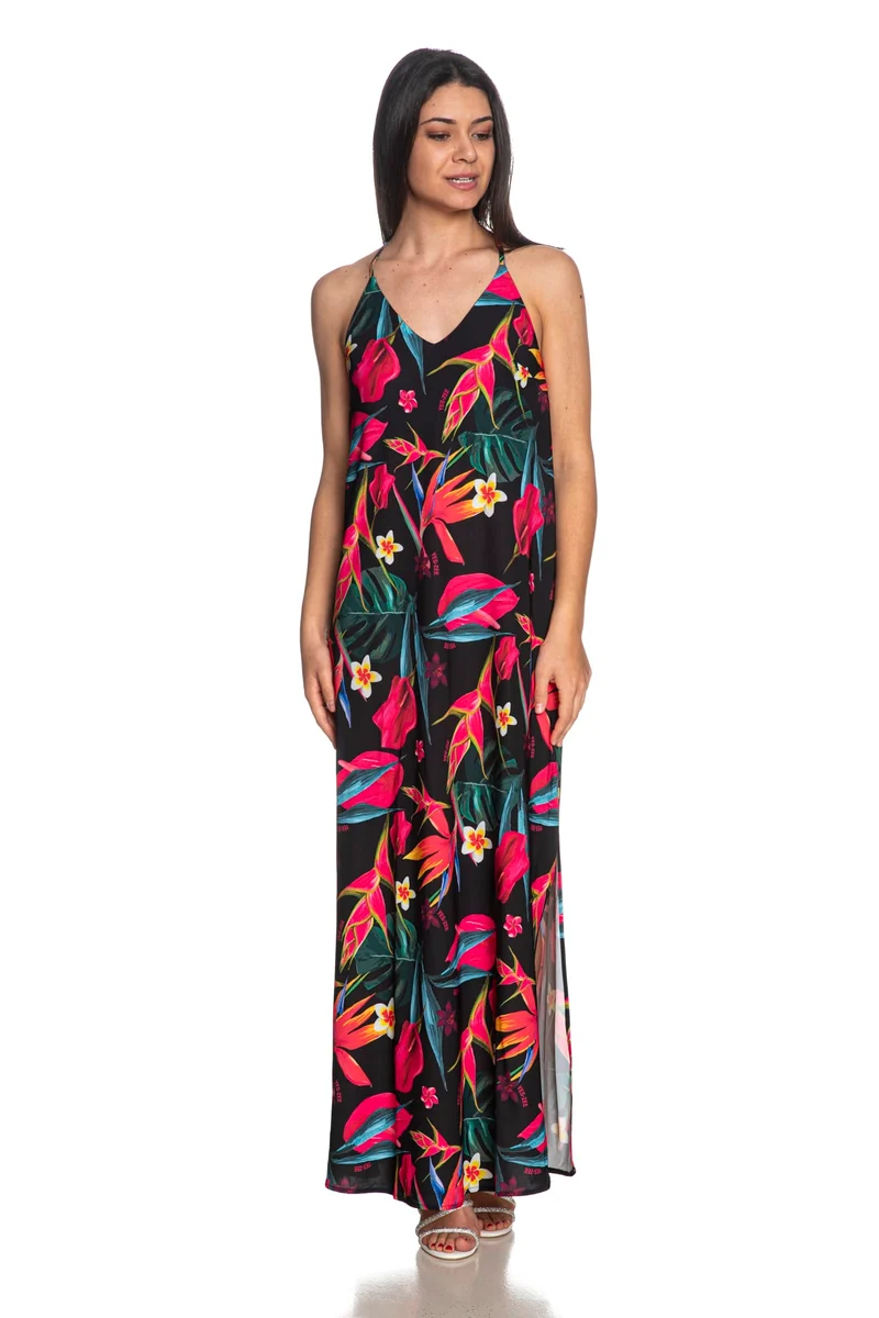 Abito Lungo Yes Zee Cross Back Da Donna Nero Fantasia Fuxia Verde