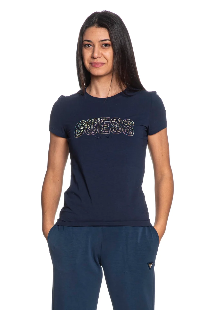 T Shirt Guess Logo Lace Ss Tee Da Donna Blu Navy