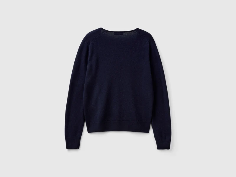 Maglione blu scuro con scollo a V in pura lana Merino
