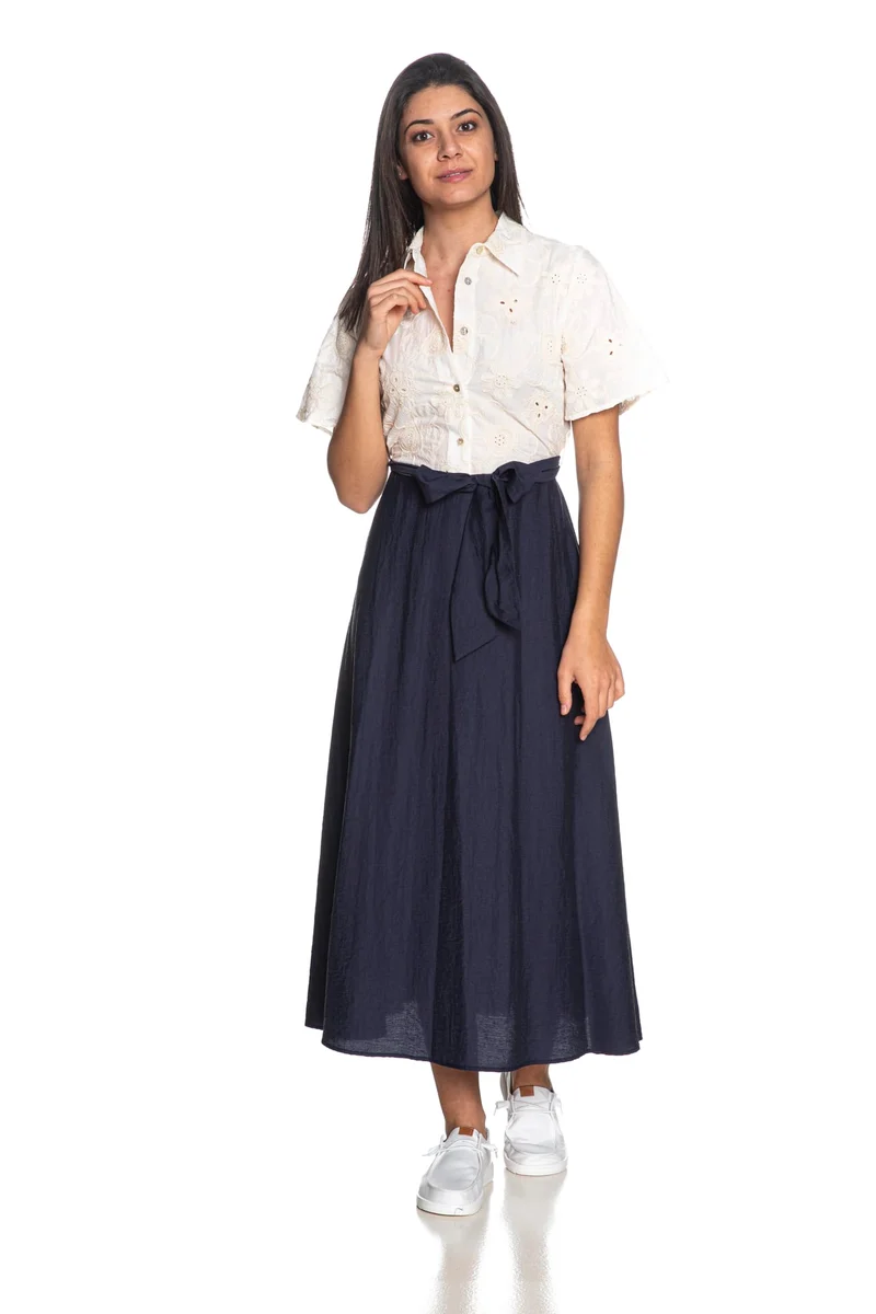 Abito Yes Zee Belted Lace Chemisier Da Donna Bianco Blu Notte