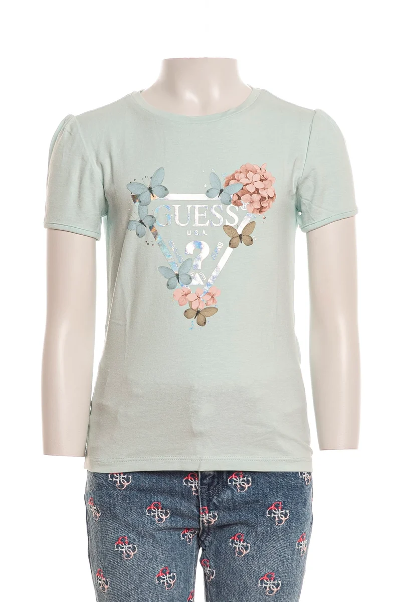 T Shirt Guess Flowers And Butterfly Da Bambina Celeste Acqua