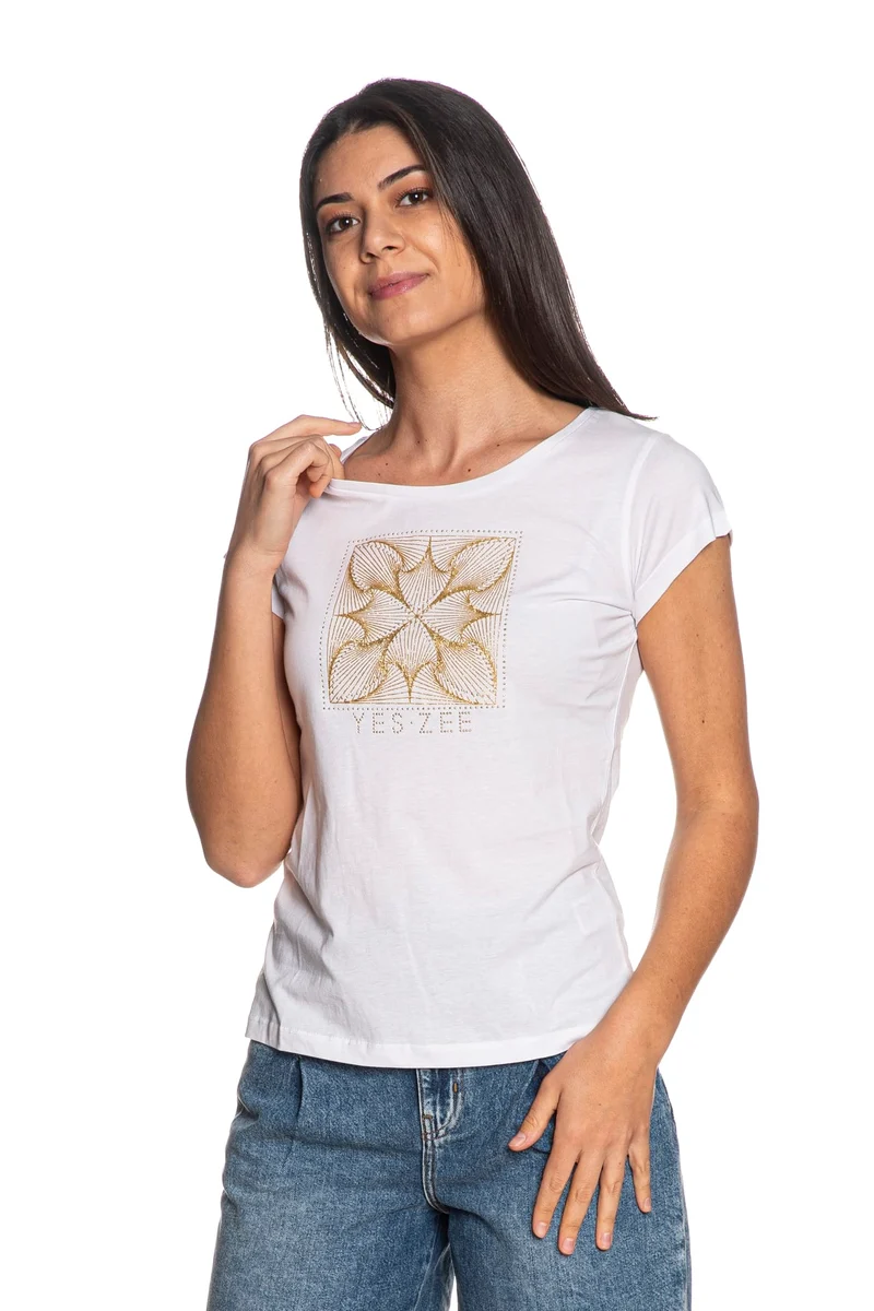 T Shirt Yes Zee Yz Jeans Gold Da Donna Bianca