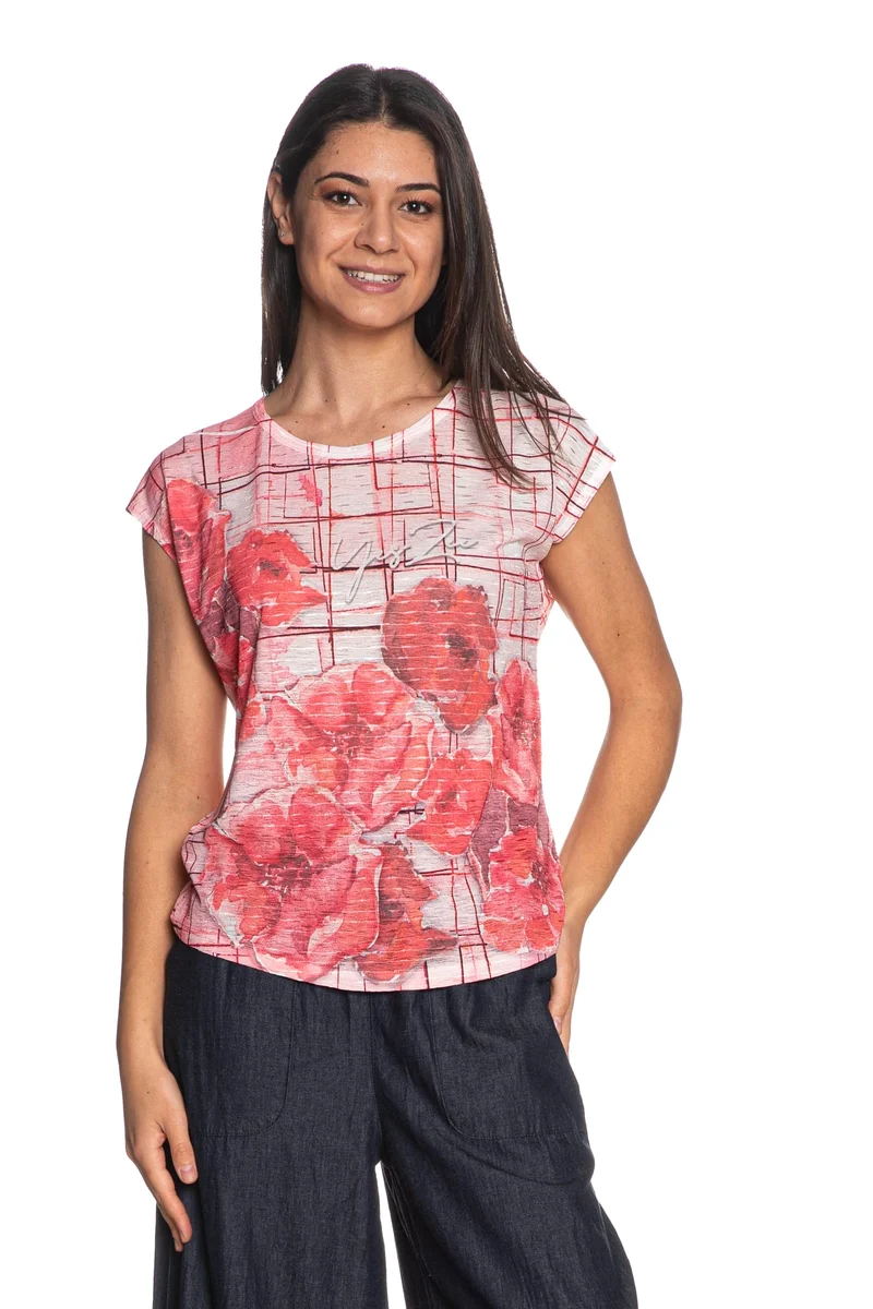 T Shirt Yes Zee Poppies Da Donna Rosa Corallo Fuxia