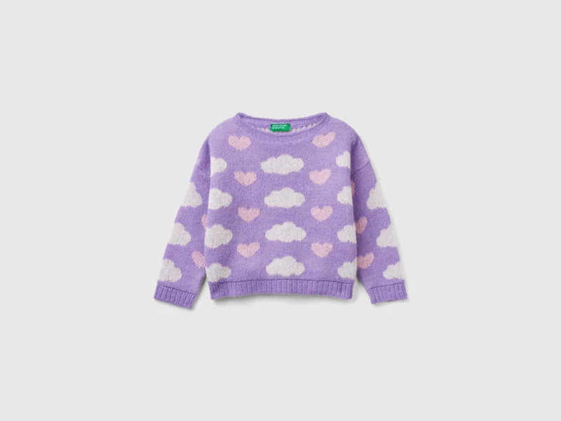 Maglia jacquard con cuori e nuvole