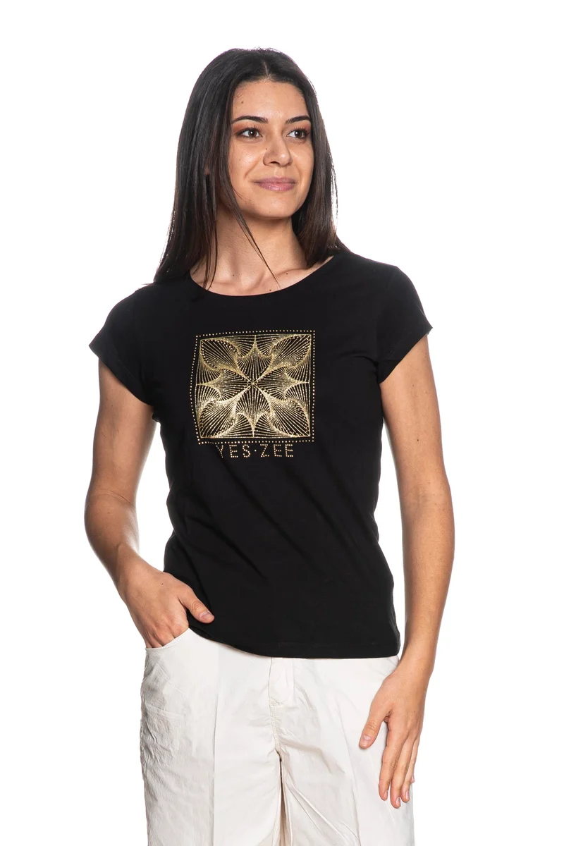 T Shirt Yes Zee Yz Jeans Gold Da Donna Nera