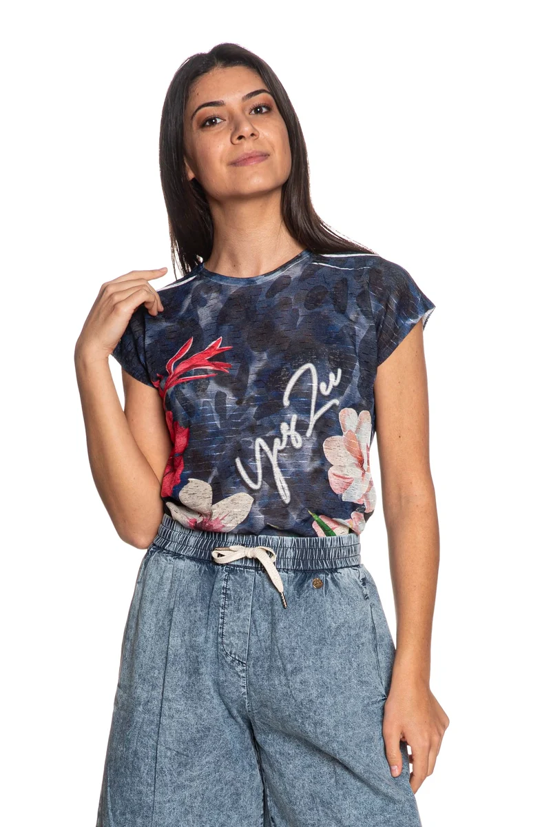 T Shirt Yes Zee Hibiscus Da Donna Blu Oltremare Fuxia Giallo Pallido