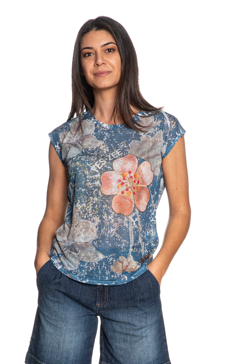 T Shirt Yes Zee Floral Leo Da Donna Blu Royal