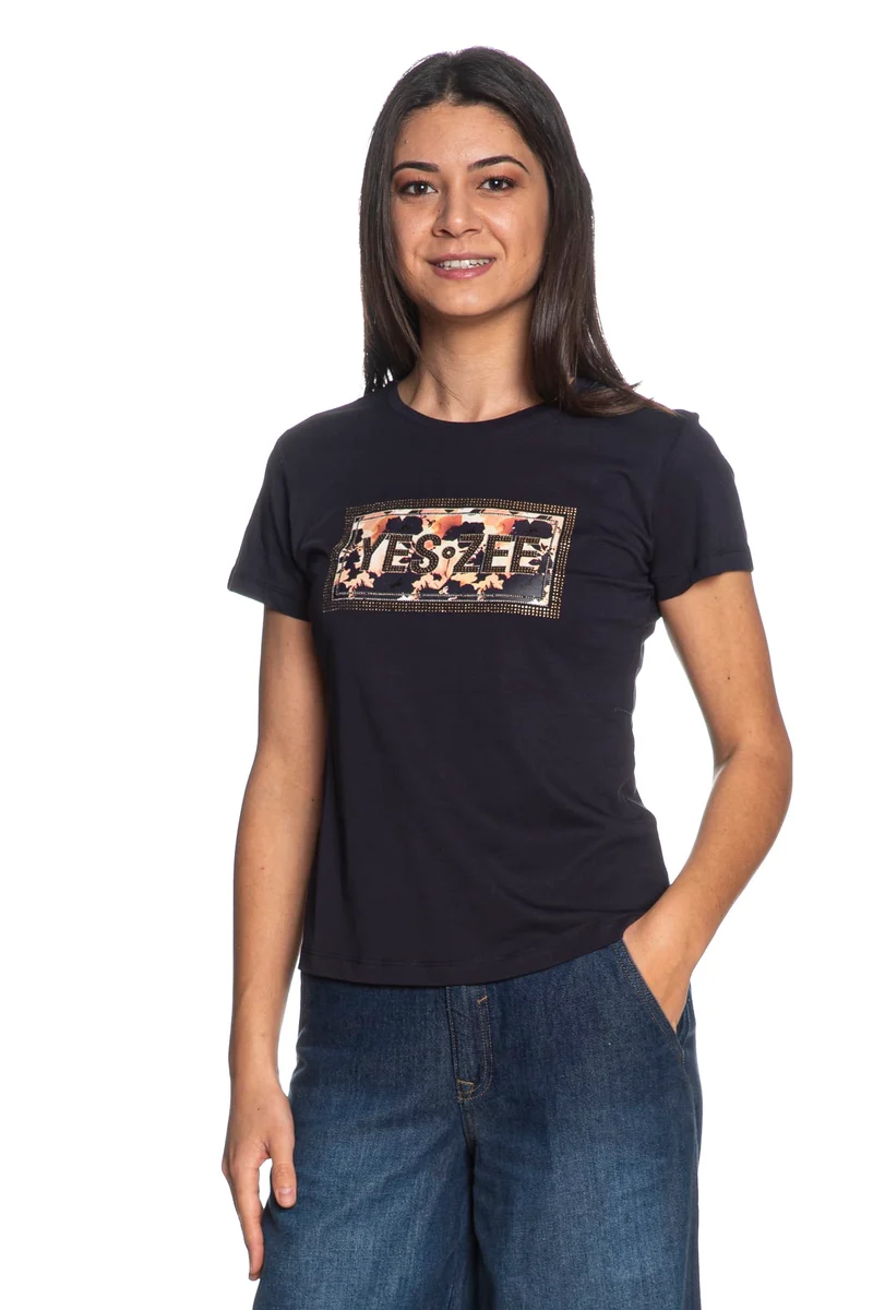 T Shirt Yes Zee Multi Lett Lg Da Donna Blu Notte