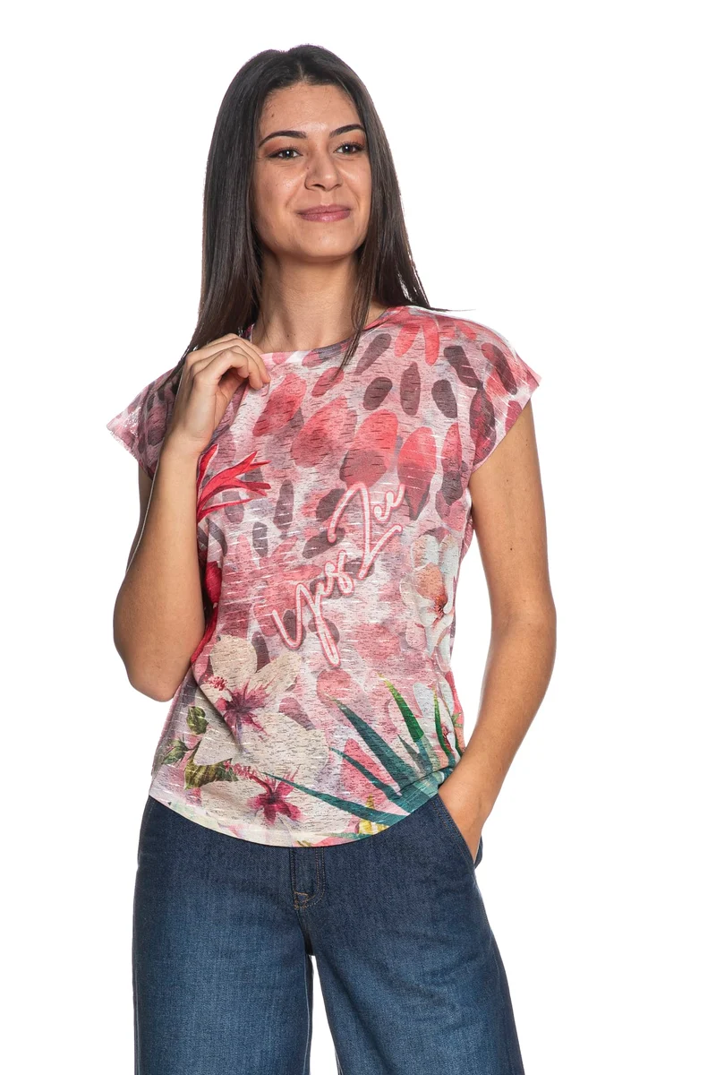T Shirt Yes Zee Hibiscus Da Donna Rosa Corallo Fuxia Giallo Pallido