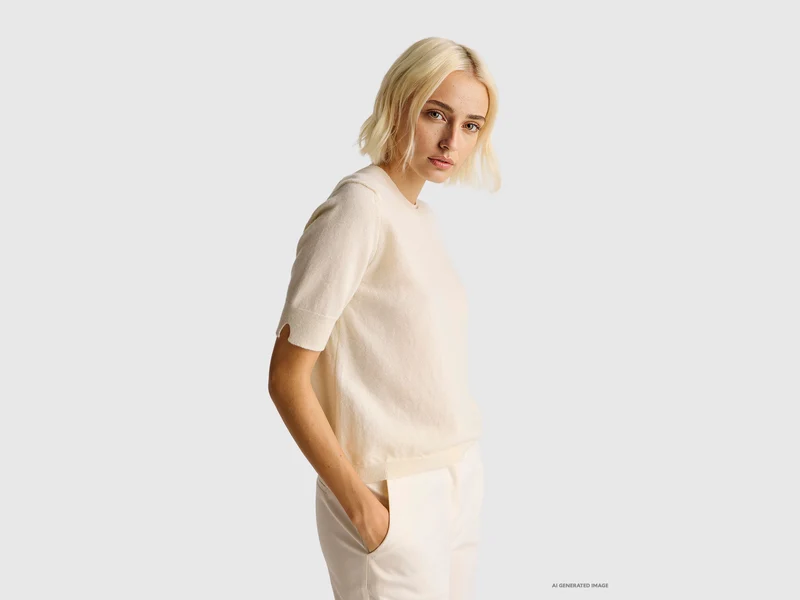 Maglia manica corta panna in pura lana Merino