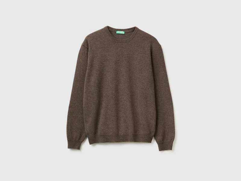 Maglia girocollo marrone in pura lana Merino