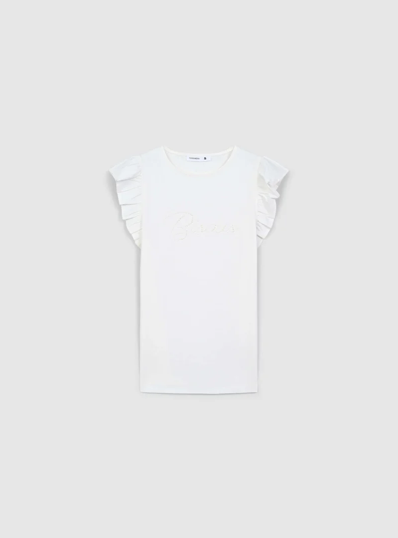 T-shirt con perle e maniche con balze