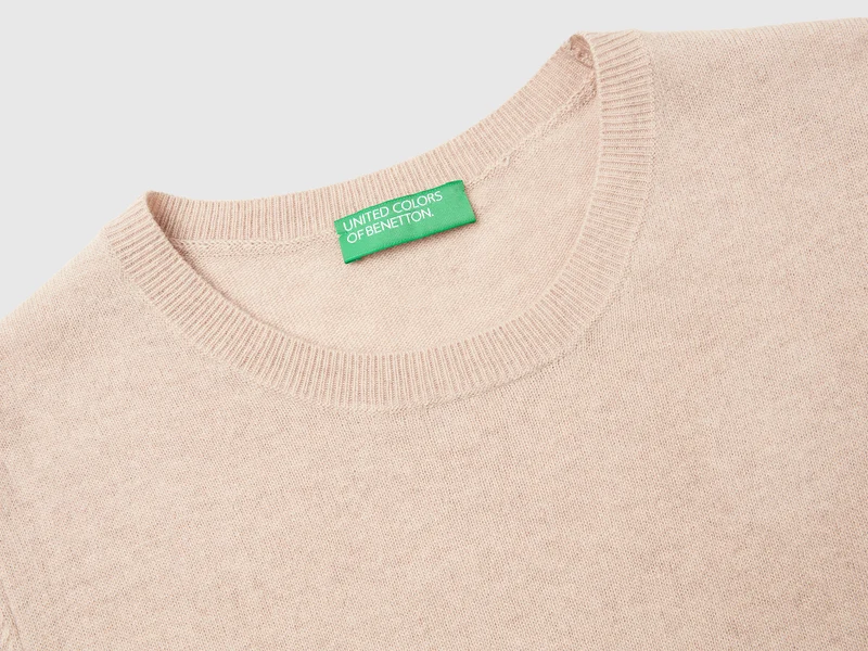 Maglia manica corta beige in pura lana Merino
