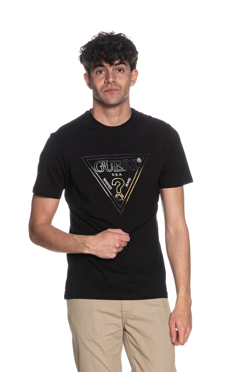 T-Shirt Guess Cn Ss Triangle Multicolor Da Uomo Nera