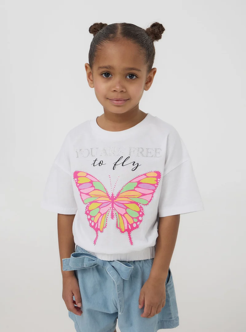 T-shirt con elastico e stampa farfalla con strass