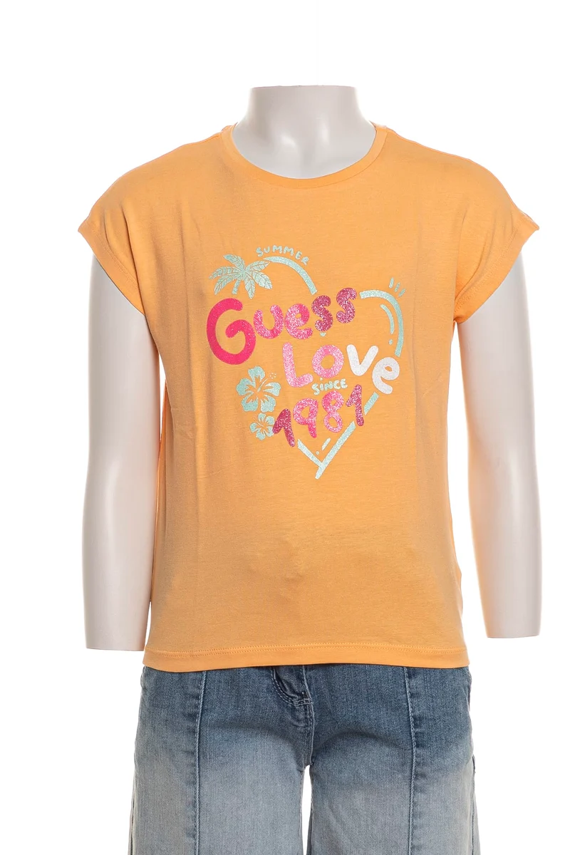 T Shirt Guess Glitter Tropical High Low Da Bambina Arancione Mandarino