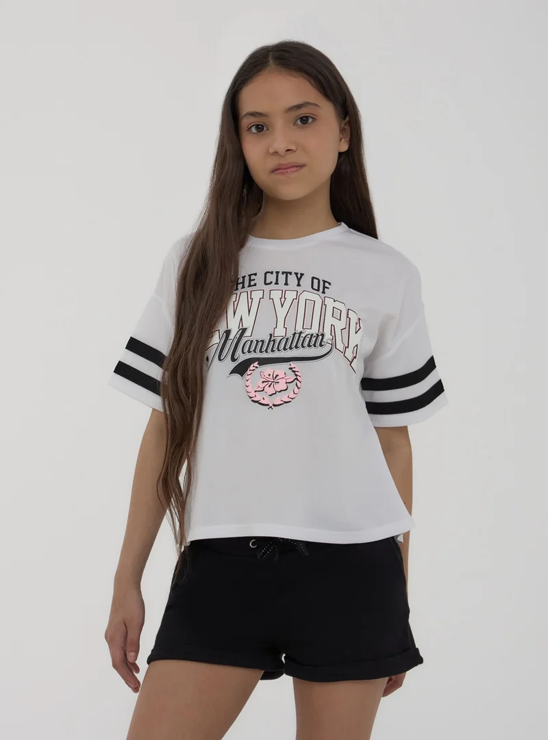 T-shirt a rete con stampa e bande
