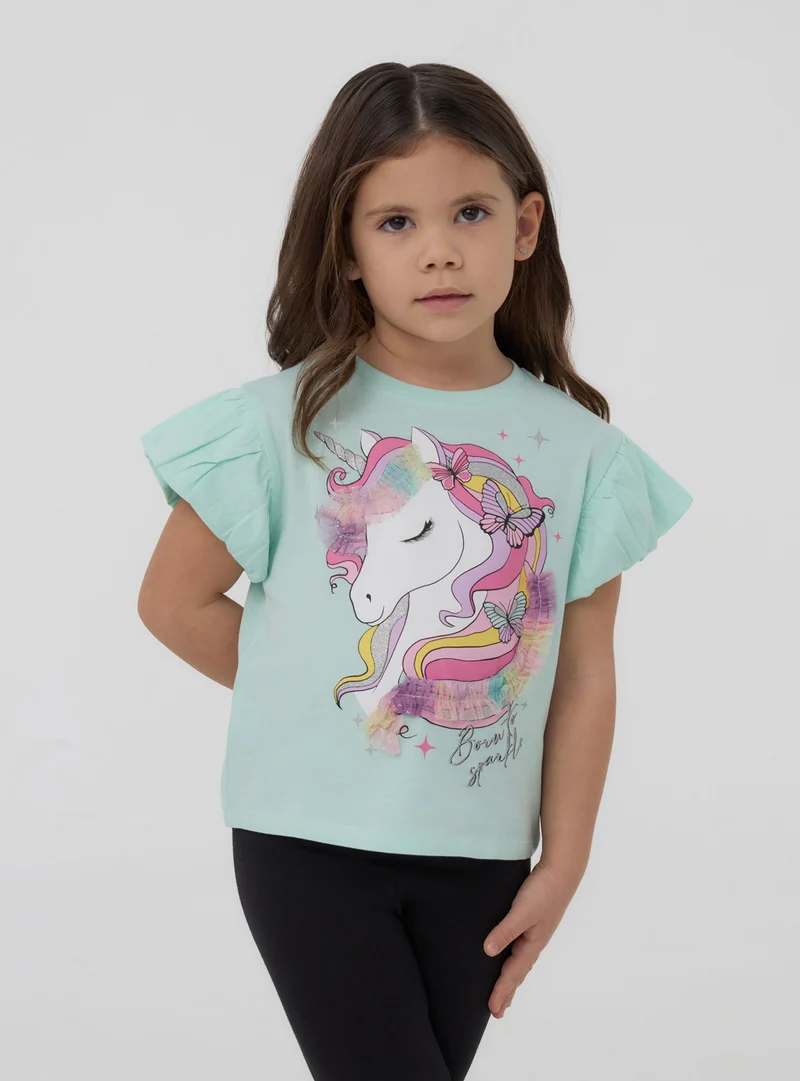 T-shirt stampa unicorno con glitter e tulle