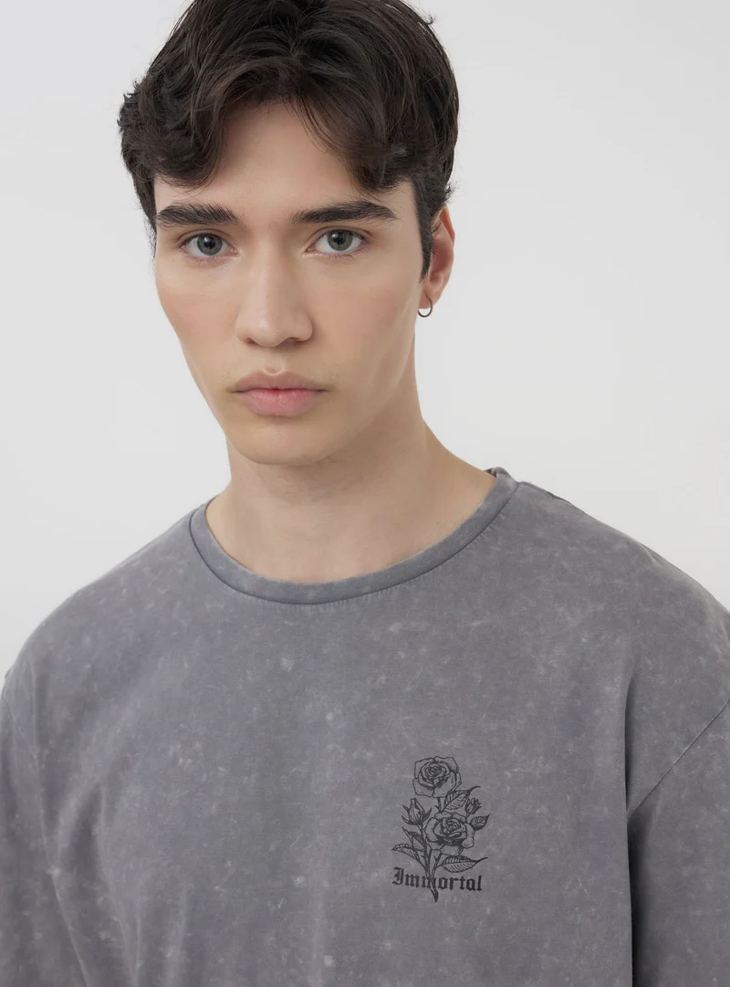 T-shirt acid-wash stampa rose fronte/retro