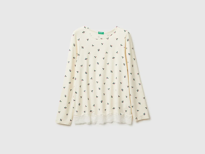 Maglia natalizia con stampa agrifogli e pizzo