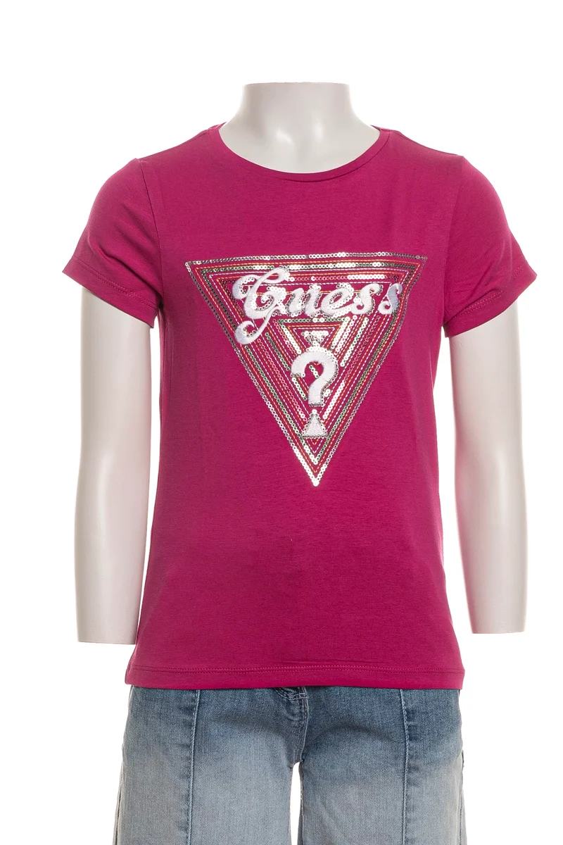 T Shirt Guess Geometric Sign Seq Da Bambina Fuxia Ciclamino