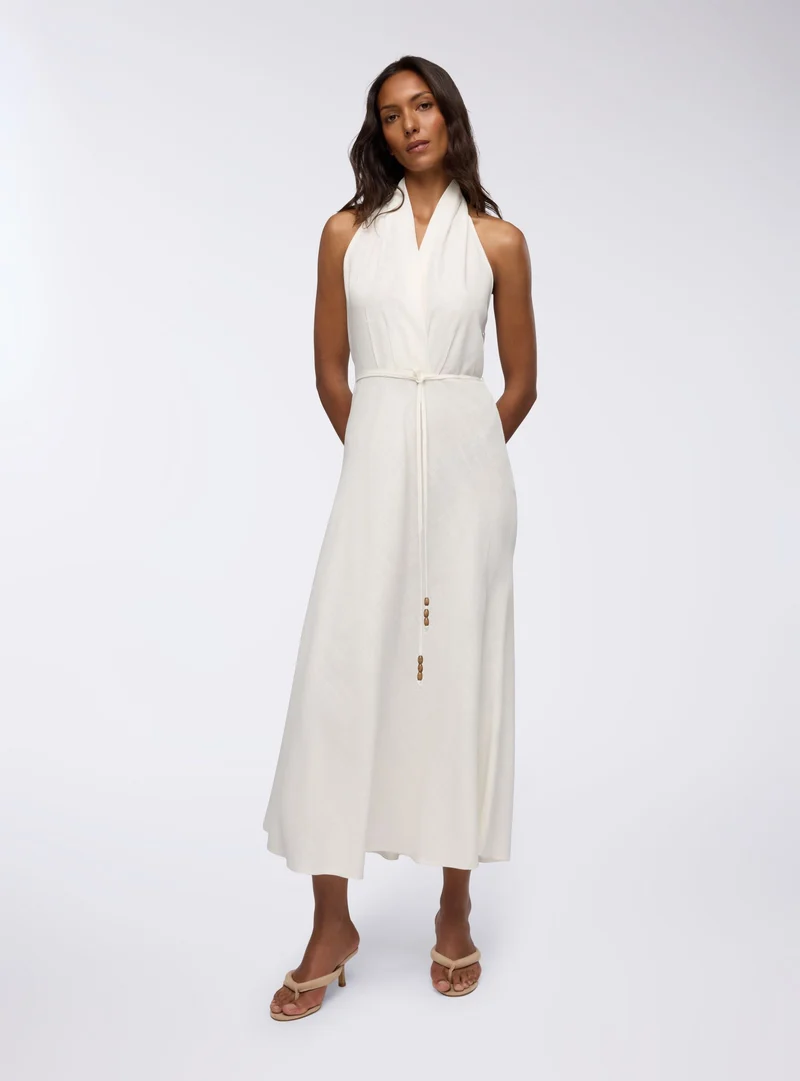 Vestito svasato scollo all'americana in misto lino