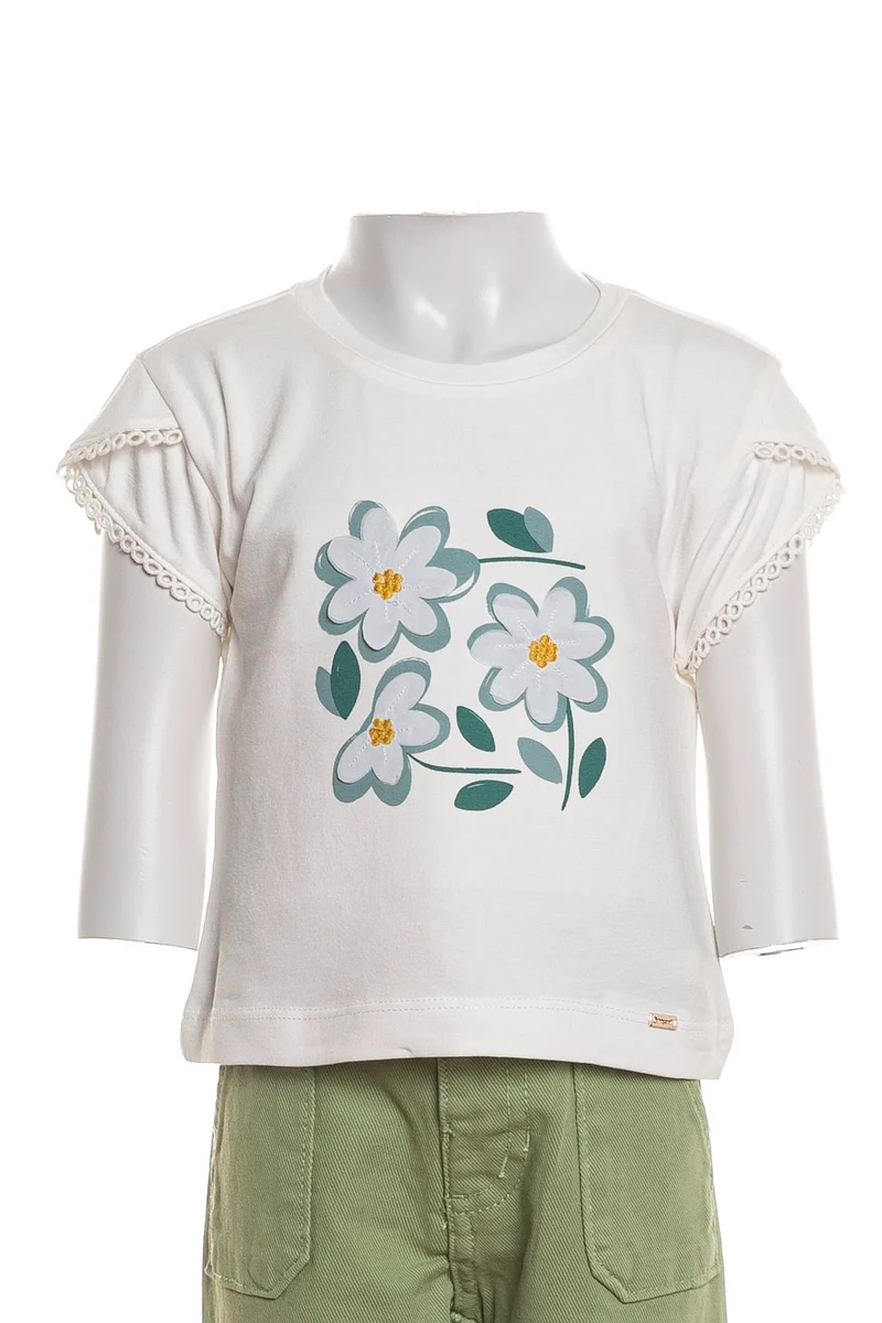 T Shirt Mayoral Embro Flower Da Bambina Panna