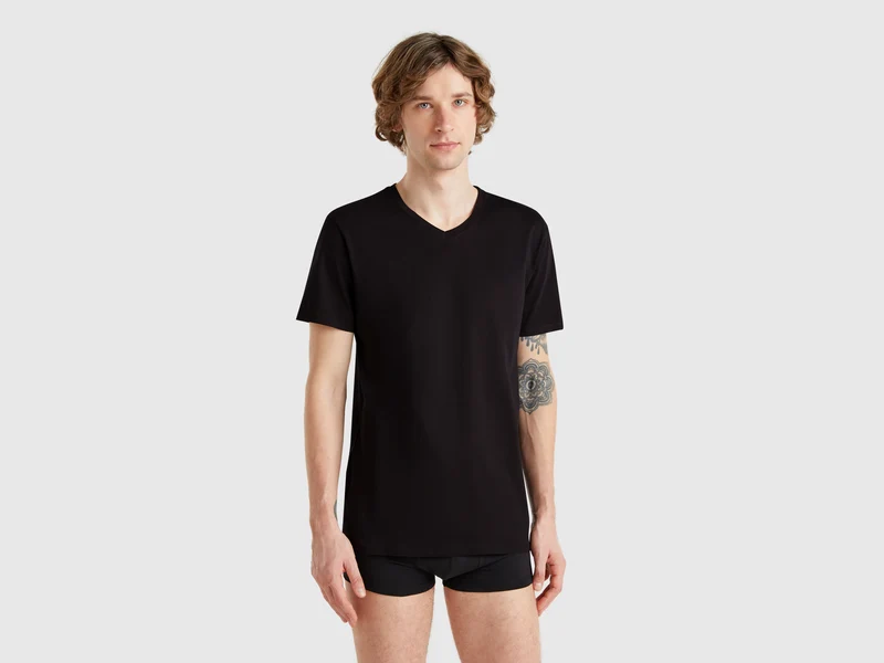 T-shirt con scollo a V in cotone a fibra lunga