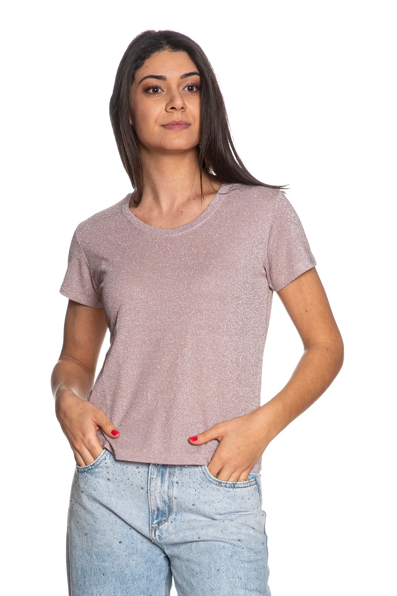 T-Shirt Artigli Ribbed Lu Crew Ssl Da Donna Rosa Mauve Lurex Argento
