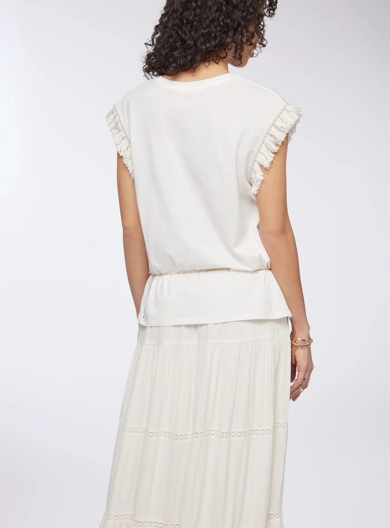 T-shirt con frange e stampa etnica