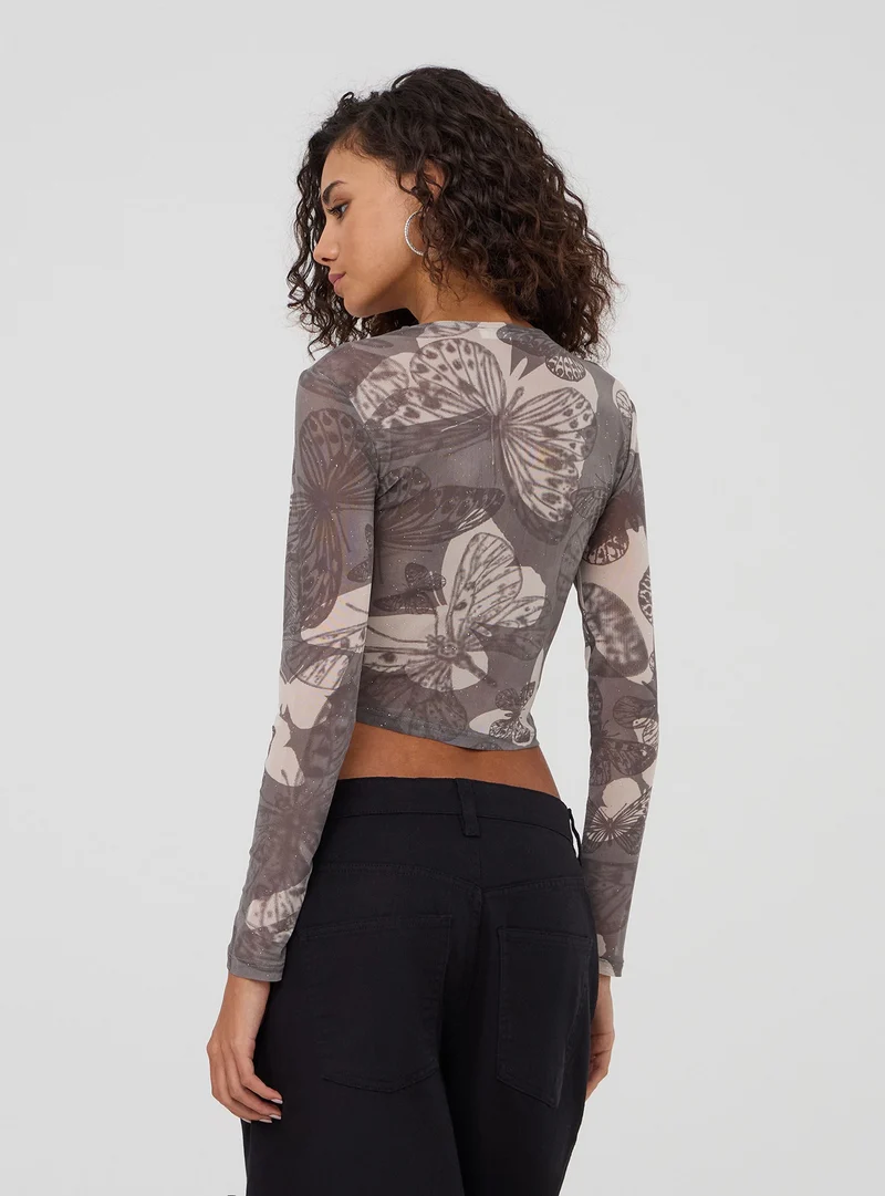 T-shirt crop in tulle con stampa farfalle