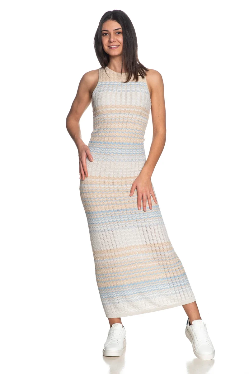 Abito Lungo Guess Cheryl Dress Rosalyn Long Da Donna Lurex Oro Fantasia Sabbia Bianco Cielo