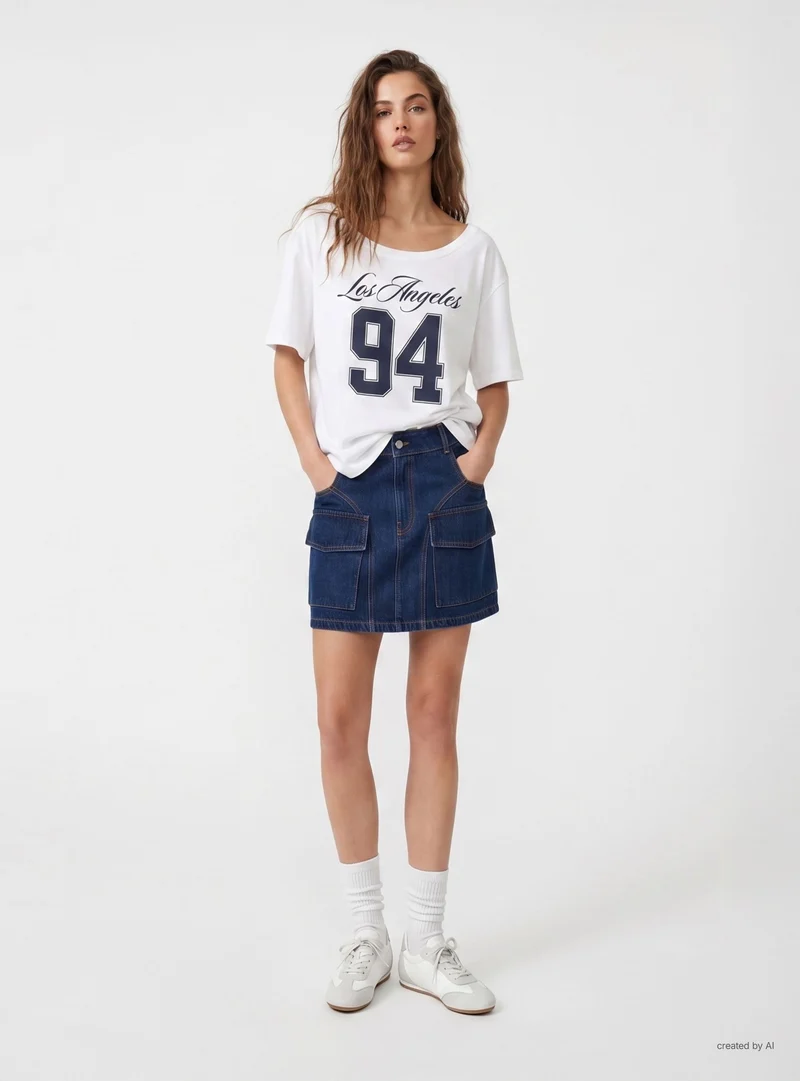 T-shirt maxi a spalle scoperte con stampa college