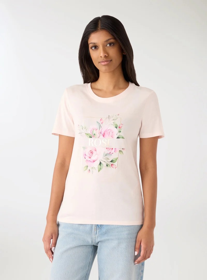 T-shirt con stampa fiori e scritta