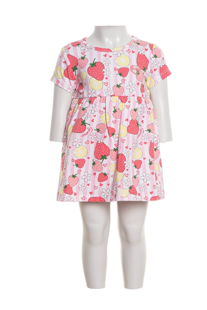 Abito Corto Guess Str Jer Ssl Dress Strawberry Lemon Da Bambina Fantasia Rosa Bubble Fragola Giallo Limone