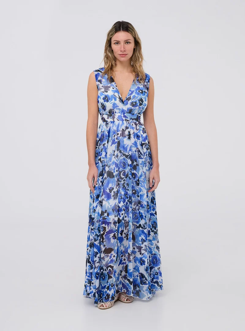Vestito lungo fantasia con scollo a V