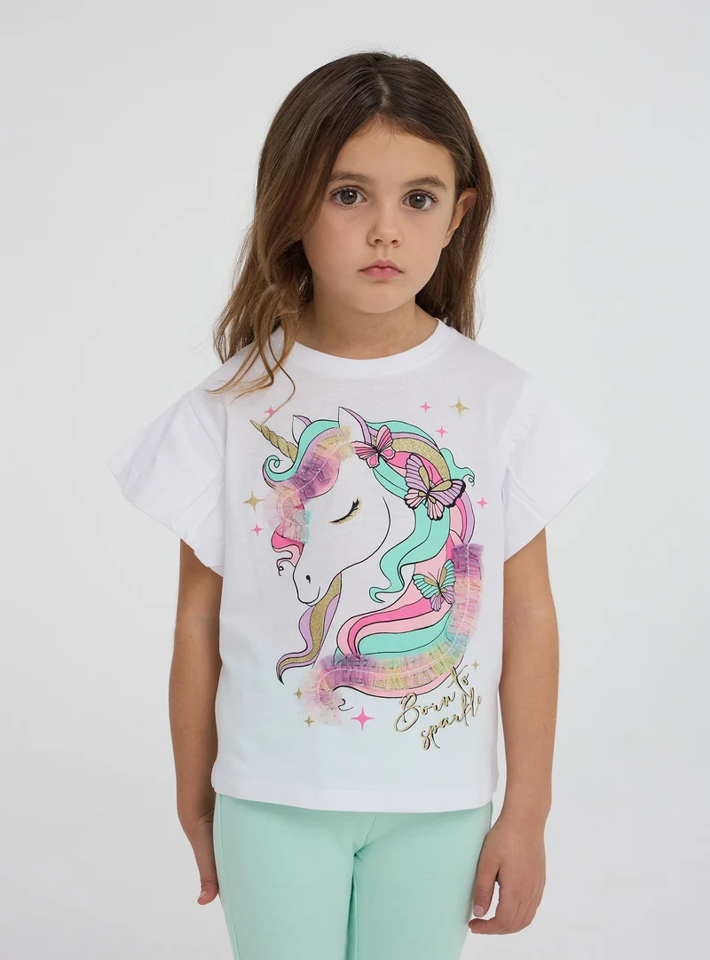 T-shirt stampa unicorno con glitter e tulle