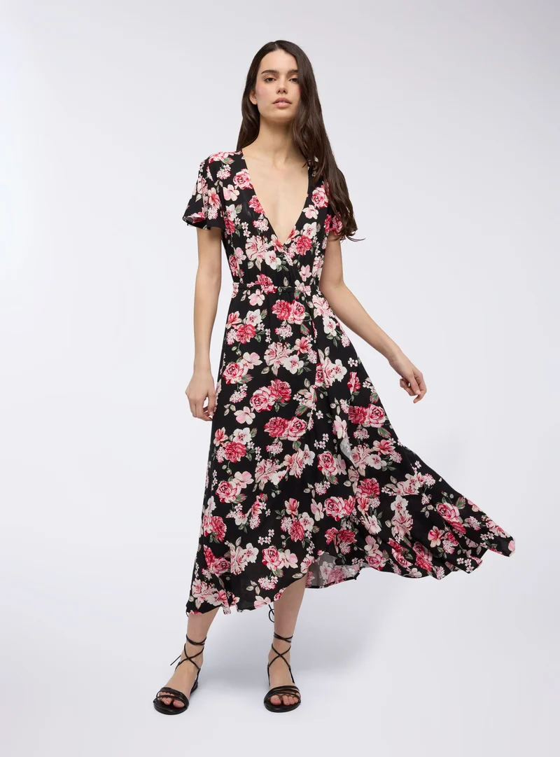 Vestito lungo a portafoglio con fiori e maniche corte