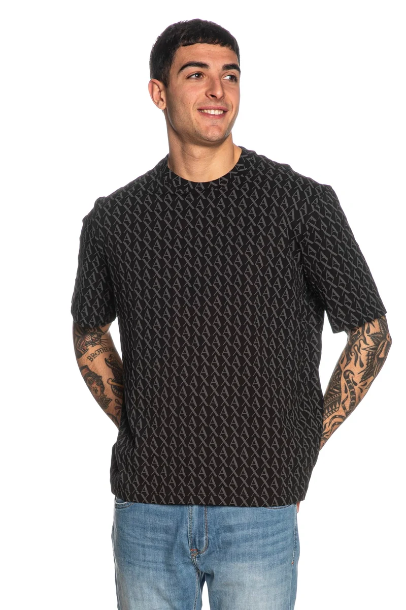 T Shirt Armani Exchange Multi Ax Print Ss Da Uomo Nera Stampa Monogrammi Grigio