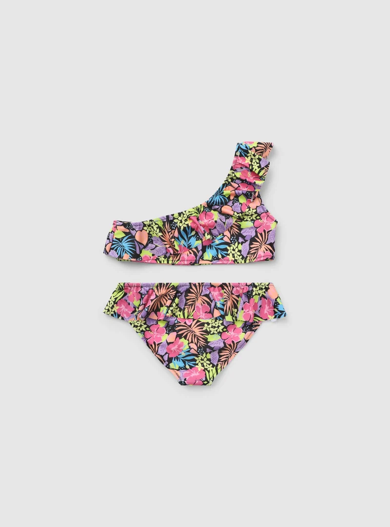 Bikini monospalla a fiori con balza