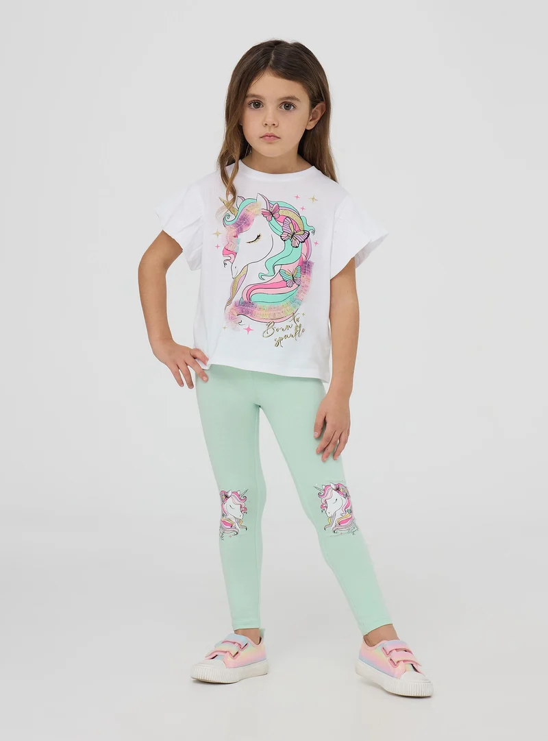 Leggings lunghi stampa unicorno e glitter