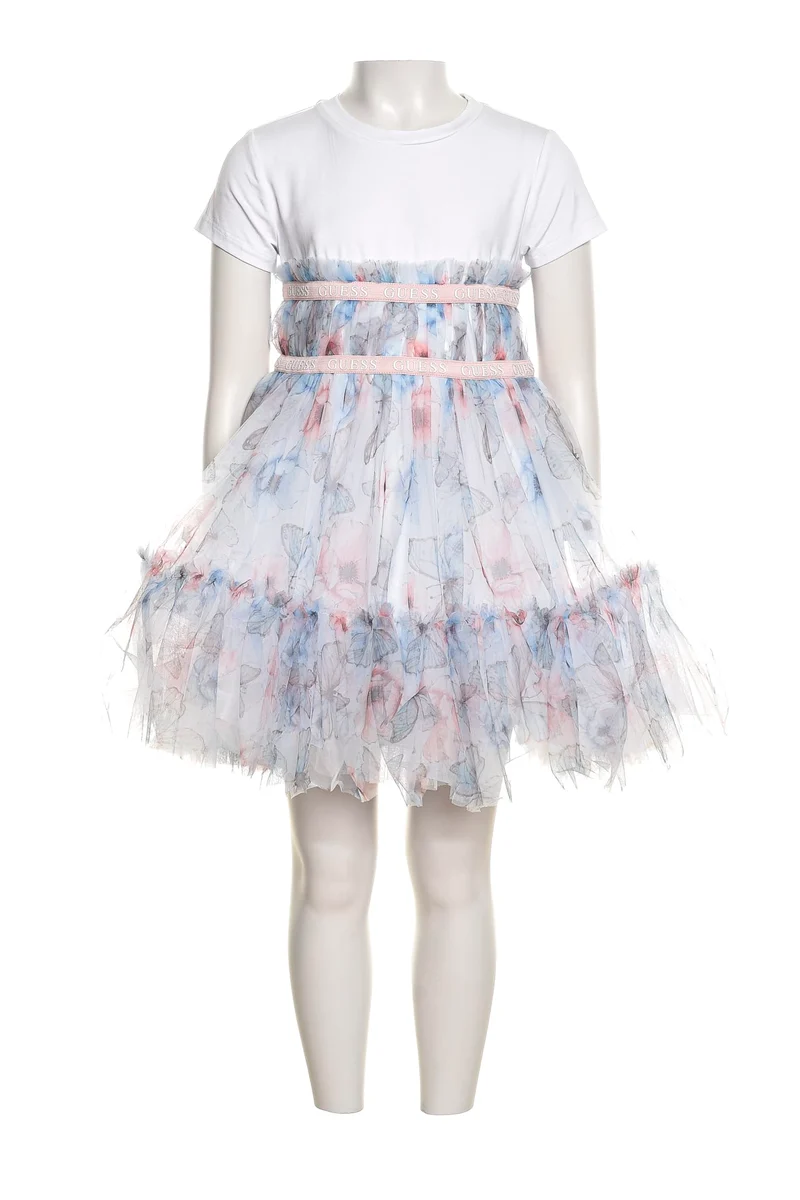 Abito Corto Guess Poppy Butterfly Dress Da Bambina Bianco Fantasia Rosa Pastello Cielo