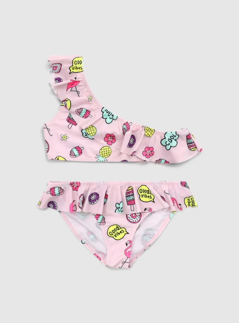 Bikini monospalla con balze e stampe pop