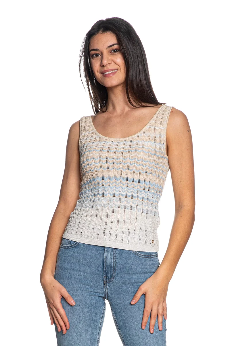 Canotta Guess Rosalyn Tank Top Da Donna Lurex Oro Fantasia Sabbia Bianco Cielo