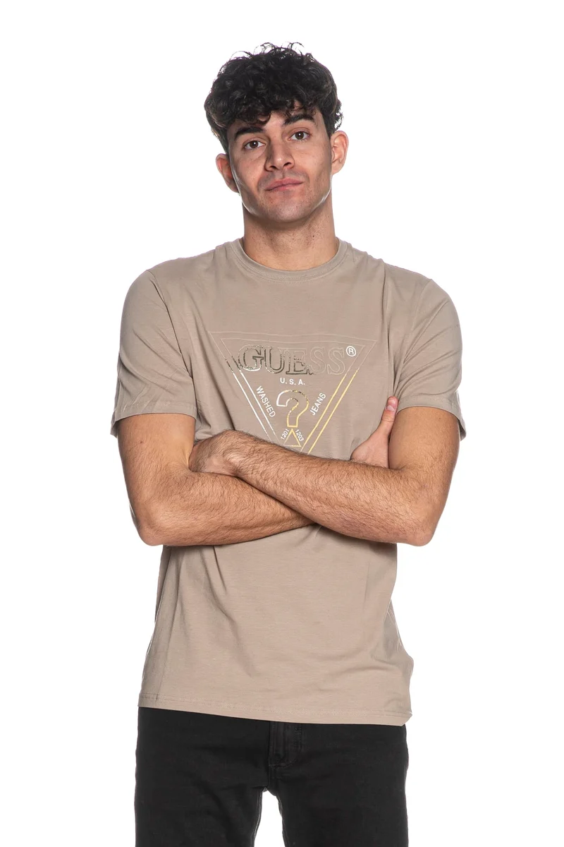 T-Shirt Guess Cn Ss Triangle Multicolor Da Uomo Nocciola