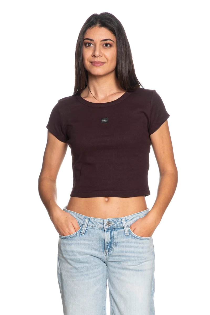 T Shirt Calvin Klein Rib Baby Label 2x2 Da Donna Caffè